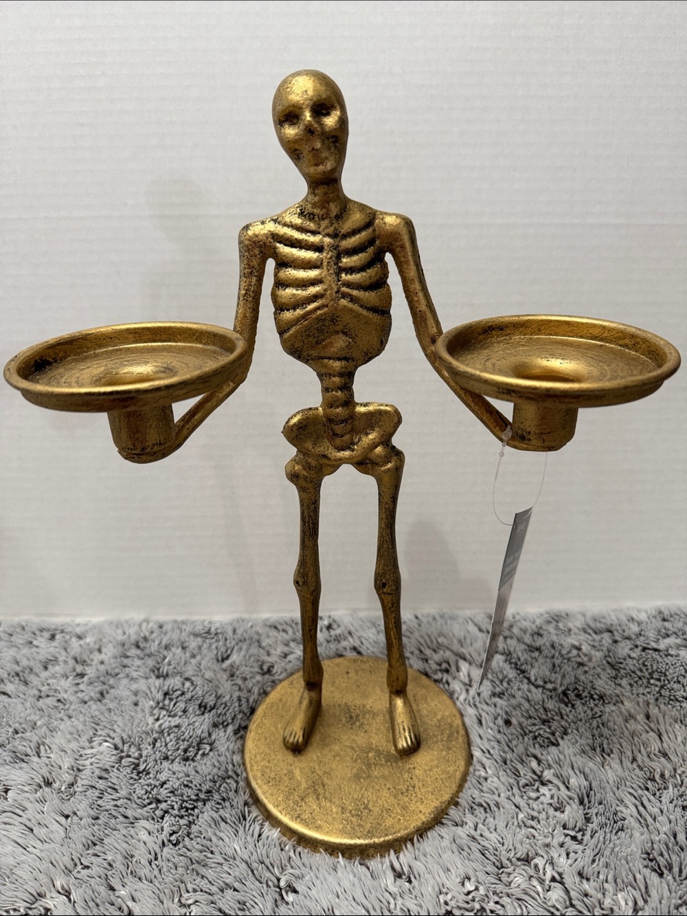 Aldi Halloween Skeleton Candelabra Pillar Gold 13” Tall Home Decor Candle Holder